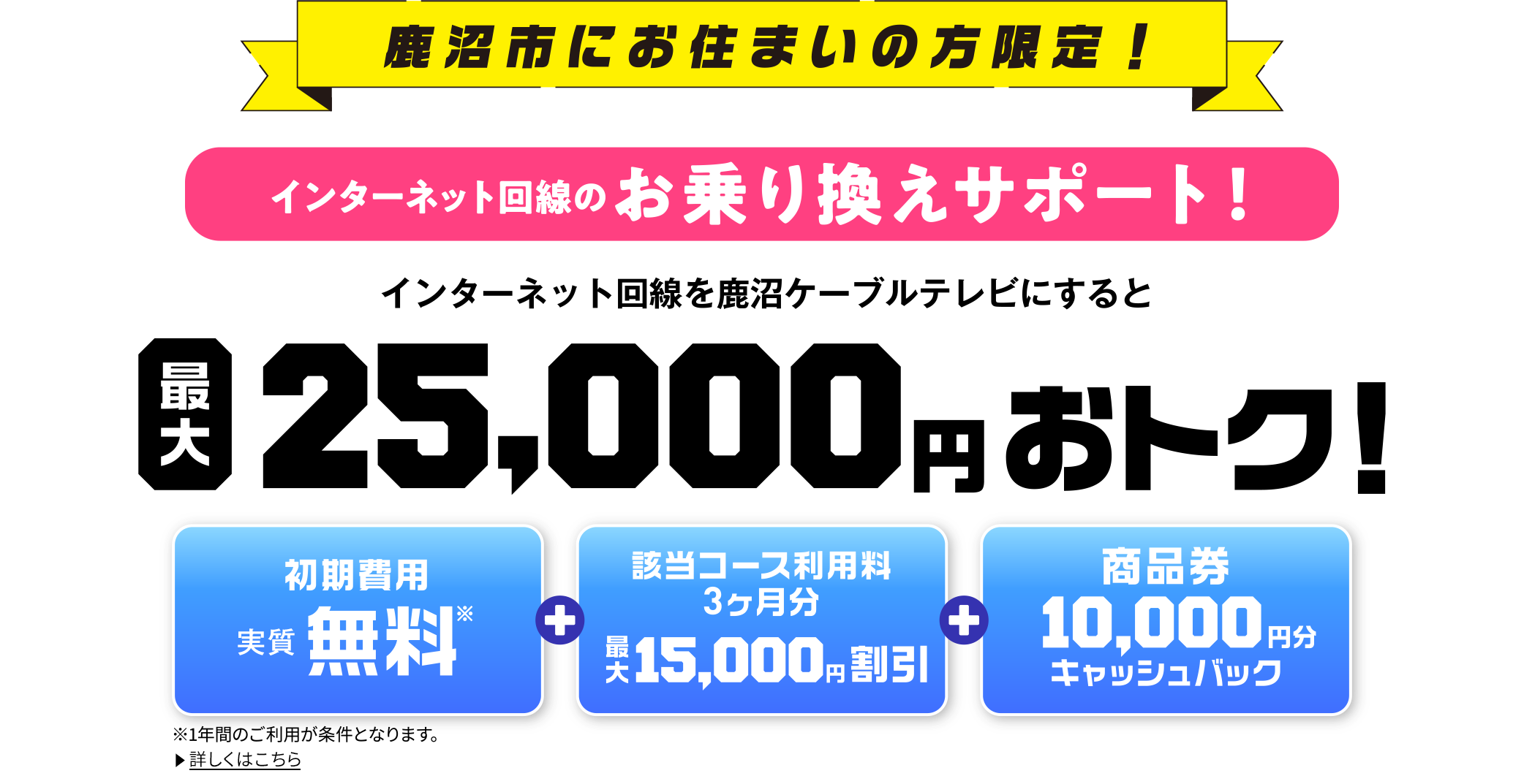 鹿沼市にお住いの方限定！インターネット回線のお乗り換えサポート！ インターネット回線を鹿沼ケーブルテレビにすると最大25,000円おトク！
